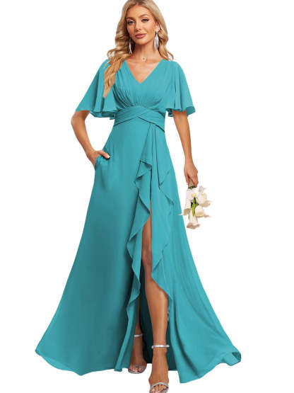 Floor-Length V-Neck A-Line Bridesmaid Dress with Flutter Sleeves Slit Ruffles and Pockets
