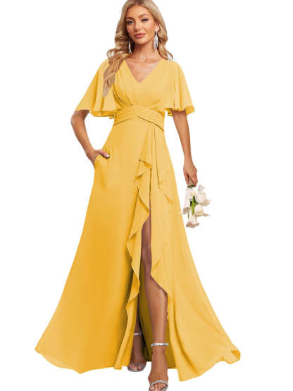 Floor-Length V-Neck A-Line Bridesmaid Dress with Flutter Sleeves Slit Ruffles and Pockets