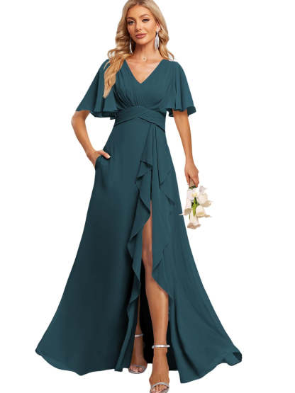 Floor-Length V-Neck A-Line Bridesmaid Dress with Flutter Sleeves Slit Ruffles and Pockets