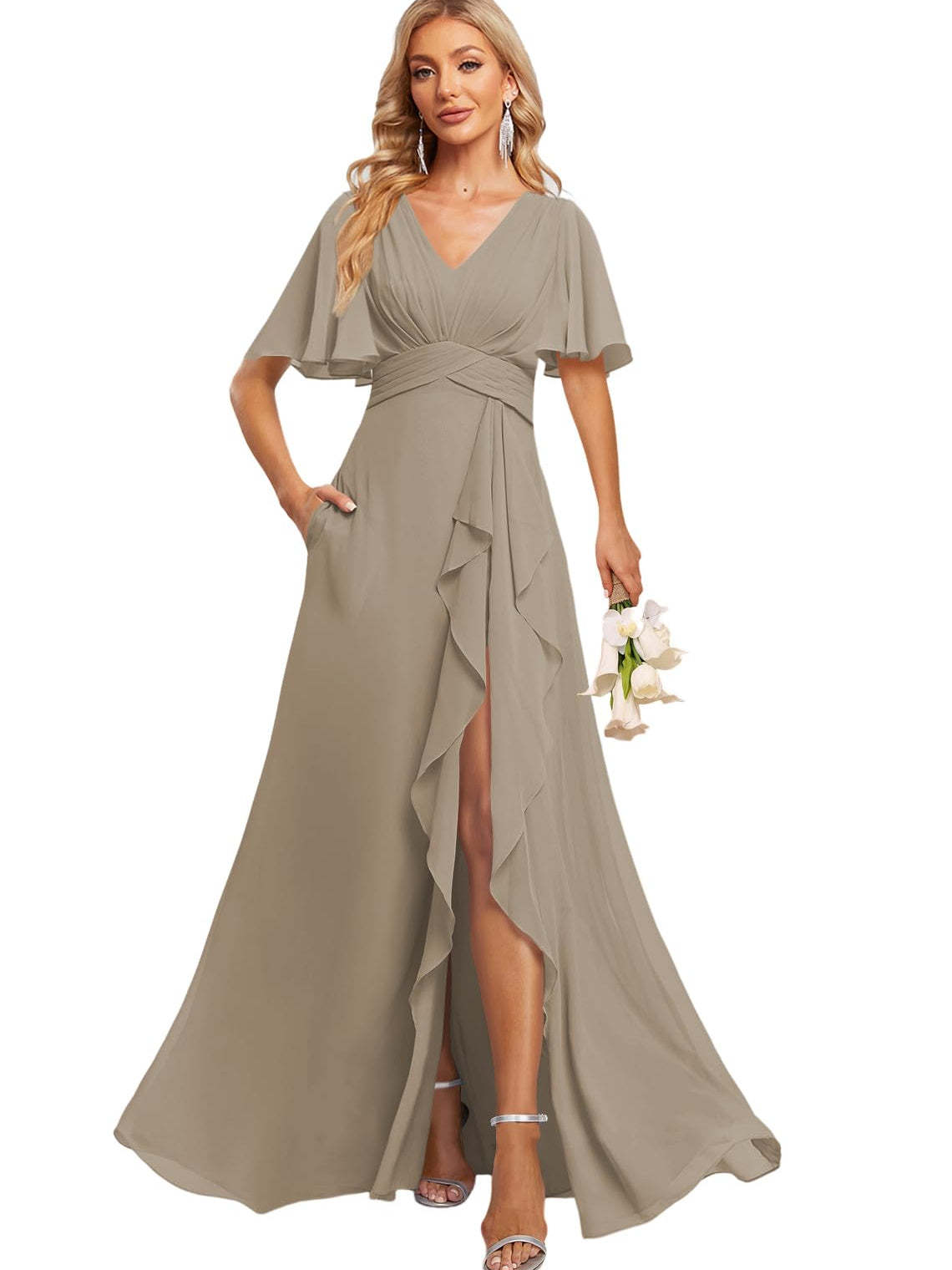 Floor-Length V-Neck A-Line Bridesmaid Dress with Flutter Sleeves Slit Ruffles and Pockets