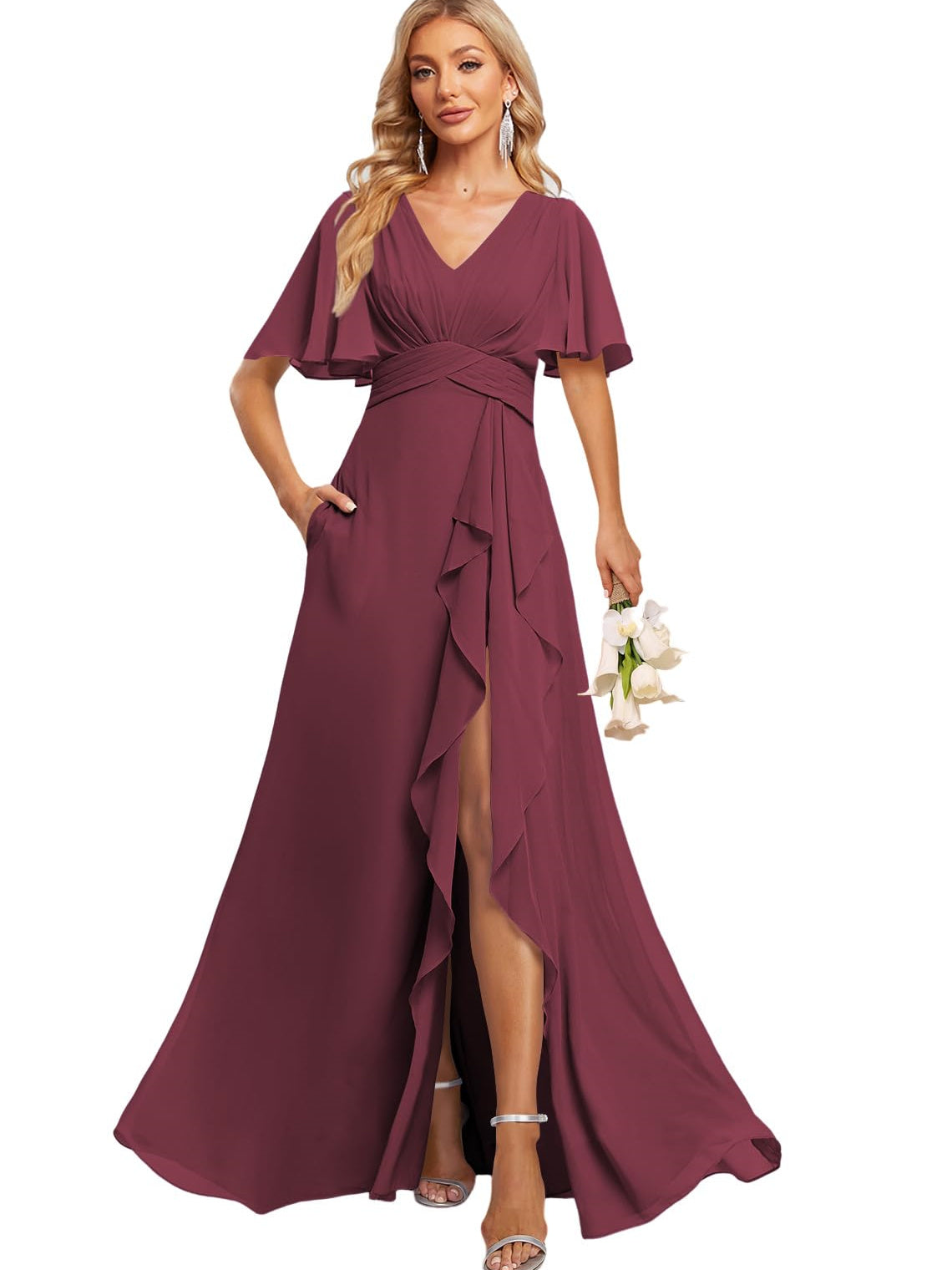 Floor-Length V-Neck A-Line Bridesmaid Dress with Flutter Sleeves Slit Ruffles and Pockets