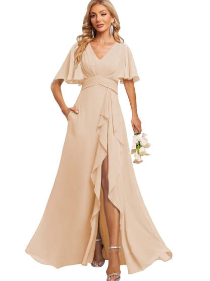 Floor-Length V-Neck A-Line Bridesmaid Dress with Flutter Sleeves Slit Ruffles and Pockets