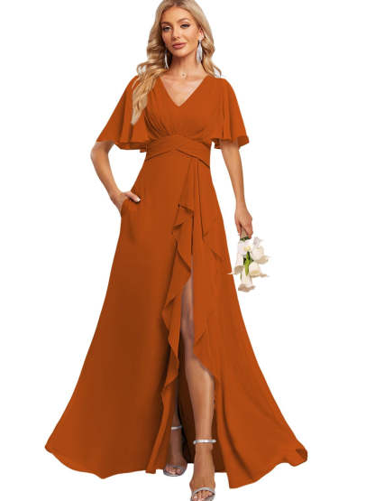 Floor-Length V-Neck A-Line Bridesmaid Dress with Flutter Sleeves Slit Ruffles and Pockets