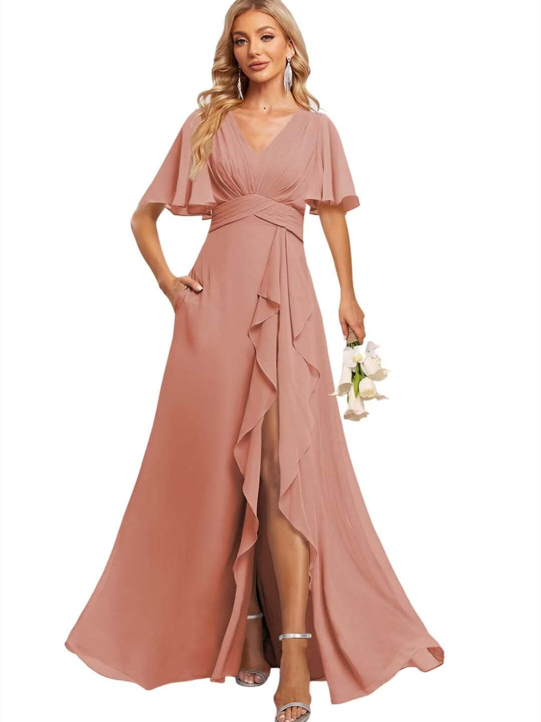 Floor-Length V-Neck A-Line Bridesmaid Dress with Flutter Sleeves Slit Ruffles and Pockets