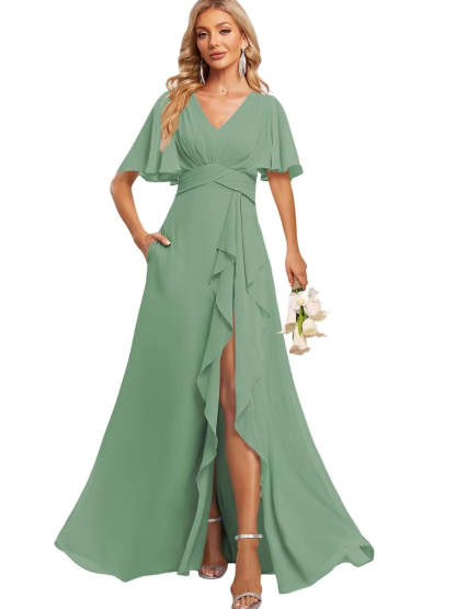 Floor-Length V-Neck A-Line Bridesmaid Dress with Flutter Sleeves Slit Ruffles and Pockets