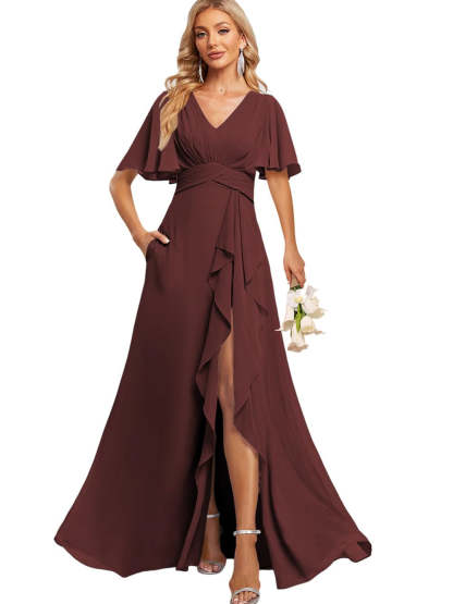 Floor-Length V-Neck A-Line Bridesmaid Dress with Flutter Sleeves Slit Ruffles and Pockets