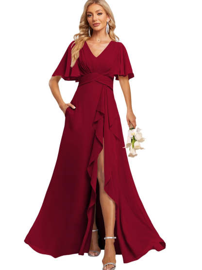 Floor-Length V-Neck A-Line Bridesmaid Dress with Flutter Sleeves Slit Ruffles and Pockets