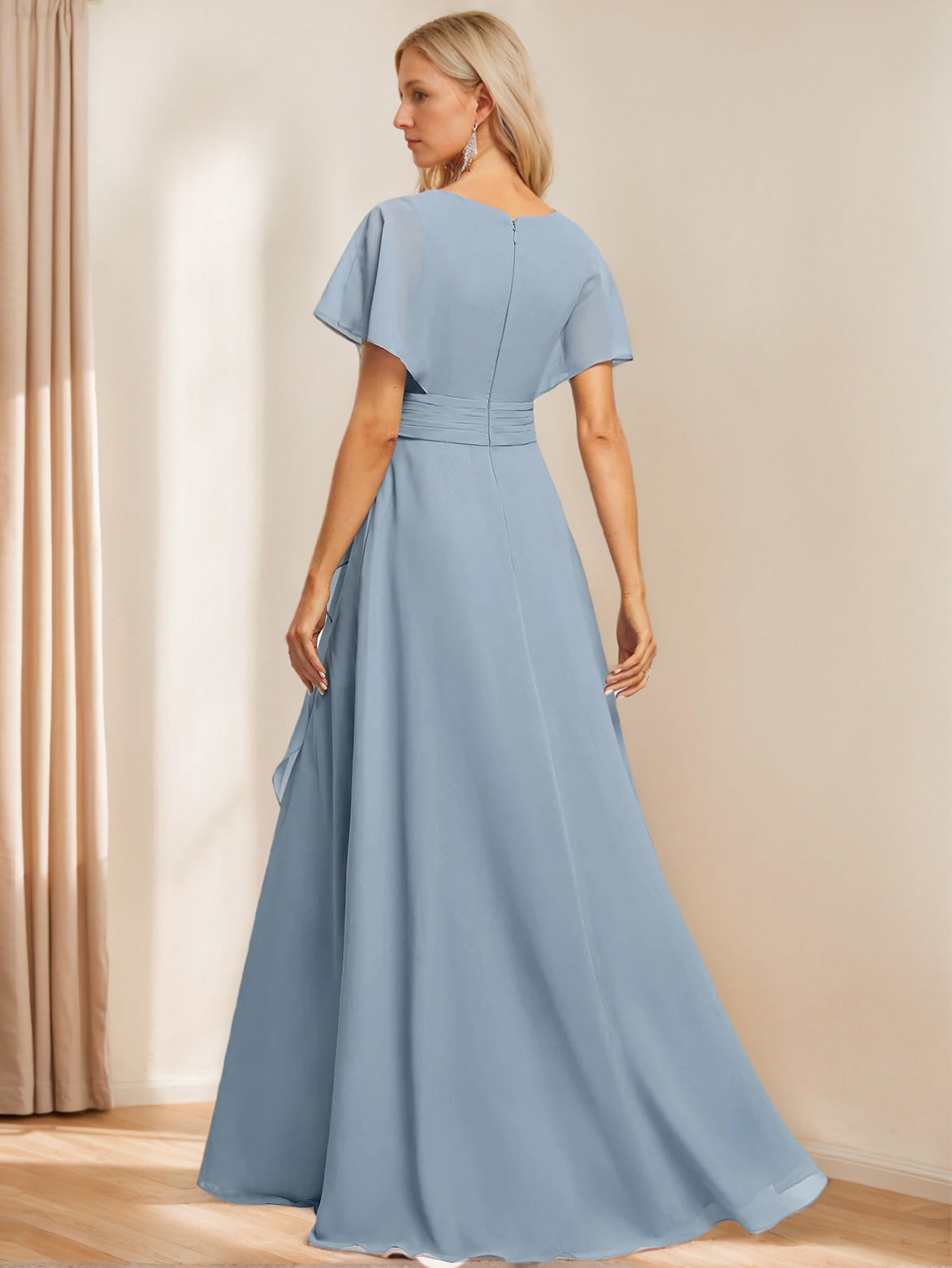 Floor-Length V-Neck A-Line Bridesmaid Dress with Flutter Sleeves Slit Ruffles and Pockets