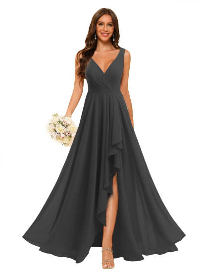 V-Neck Sleeveless Floor-Length Chiffon Bridesmaid Dress with Slit Pockets in A-Line/Princess Style