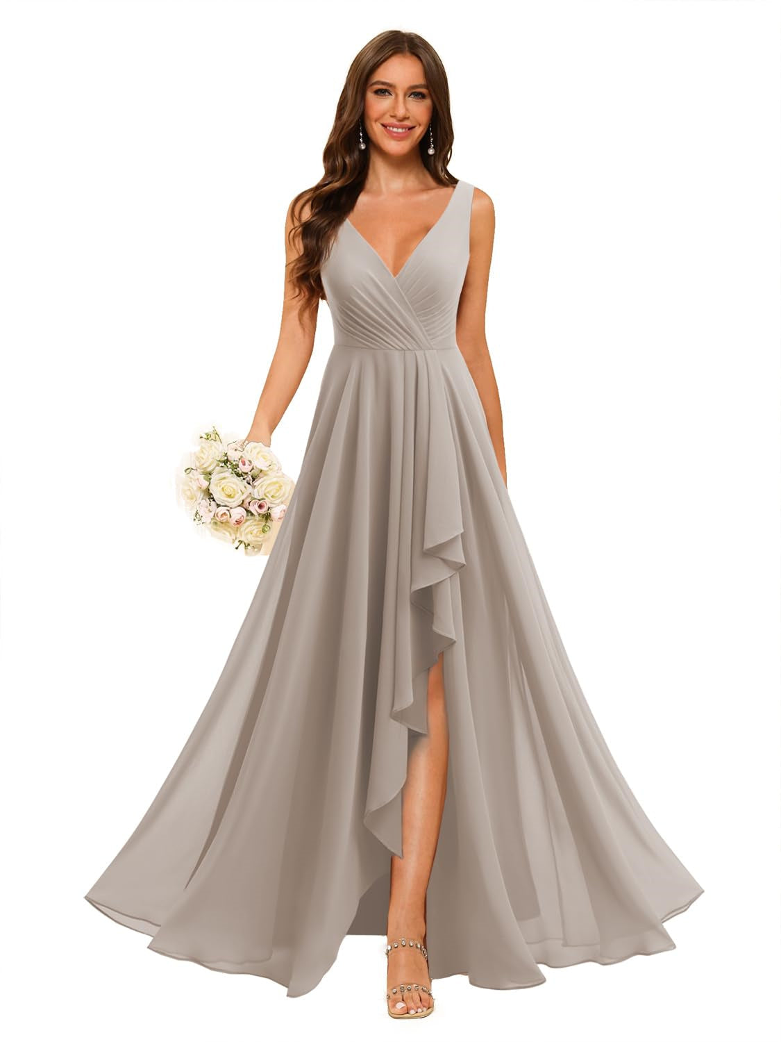 V-Neck Sleeveless Floor-Length Chiffon Bridesmaid Dress with Slit Pockets in A-Line/Princess Style