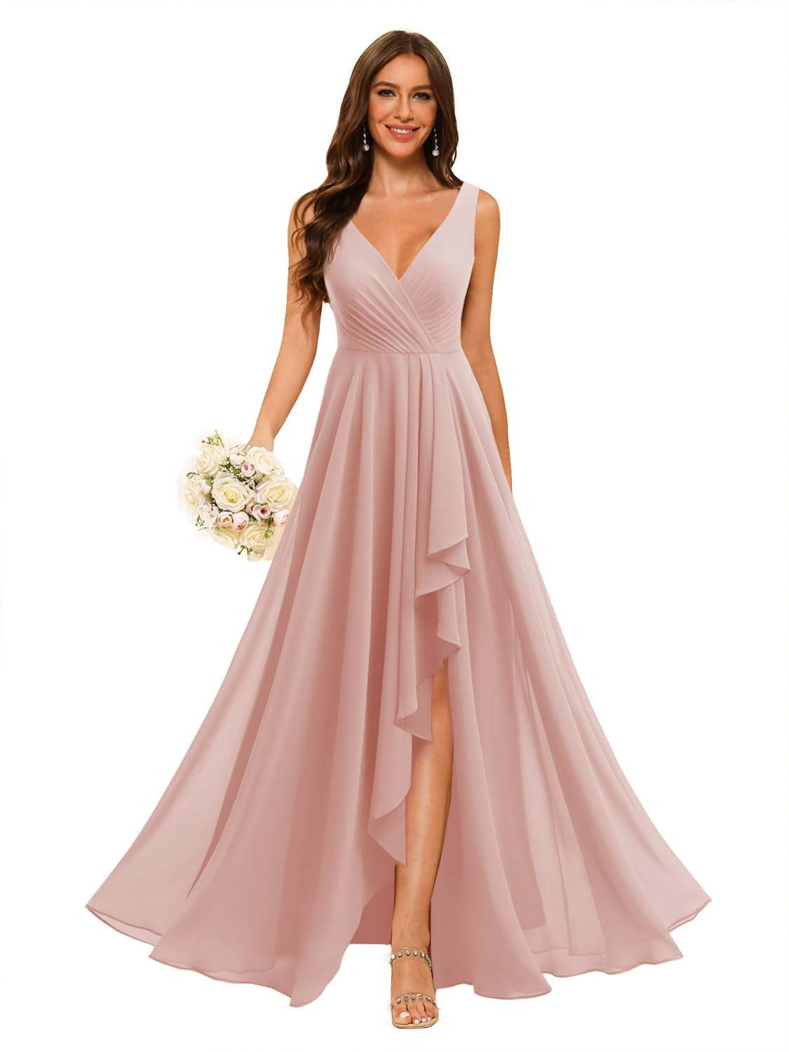 V-Neck Sleeveless Floor-Length Chiffon Bridesmaid Dress with Slit Pockets in A-Line/Princess Style