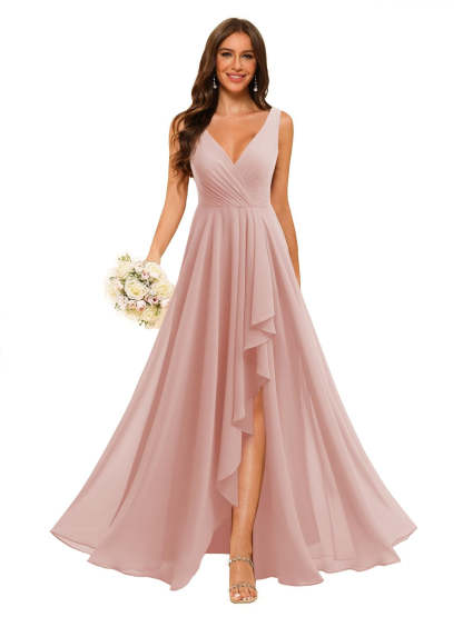 V-Neck Sleeveless Floor-Length Chiffon Bridesmaid Dress with Slit Pockets in A-Line/Princess Style
