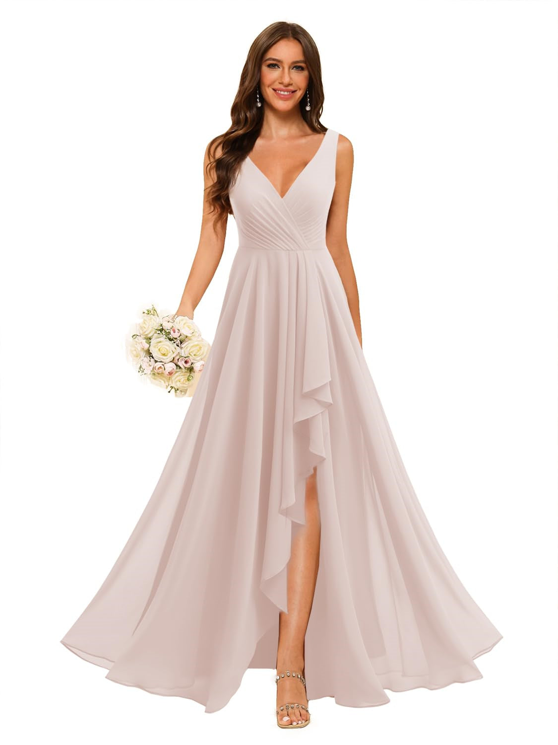 V-Neck Sleeveless Floor-Length Chiffon Bridesmaid Dress with Slit Pockets in A-Line/Princess Style