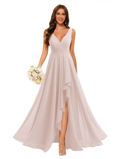 V-Neck Sleeveless Floor-Length Chiffon Bridesmaid Dress with Slit Pockets in A-Line/Princess Style
