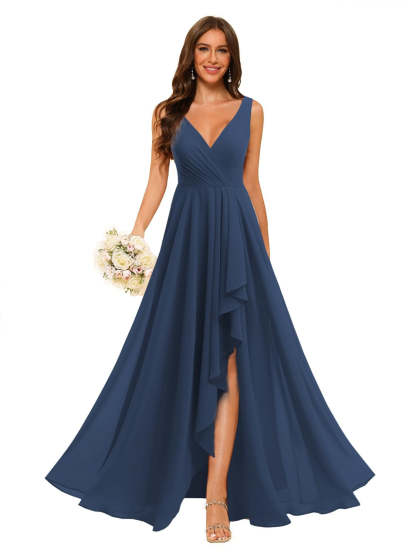 V-Neck Sleeveless Floor-Length Chiffon Bridesmaid Dress with Slit Pockets in A-Line/Princess Style