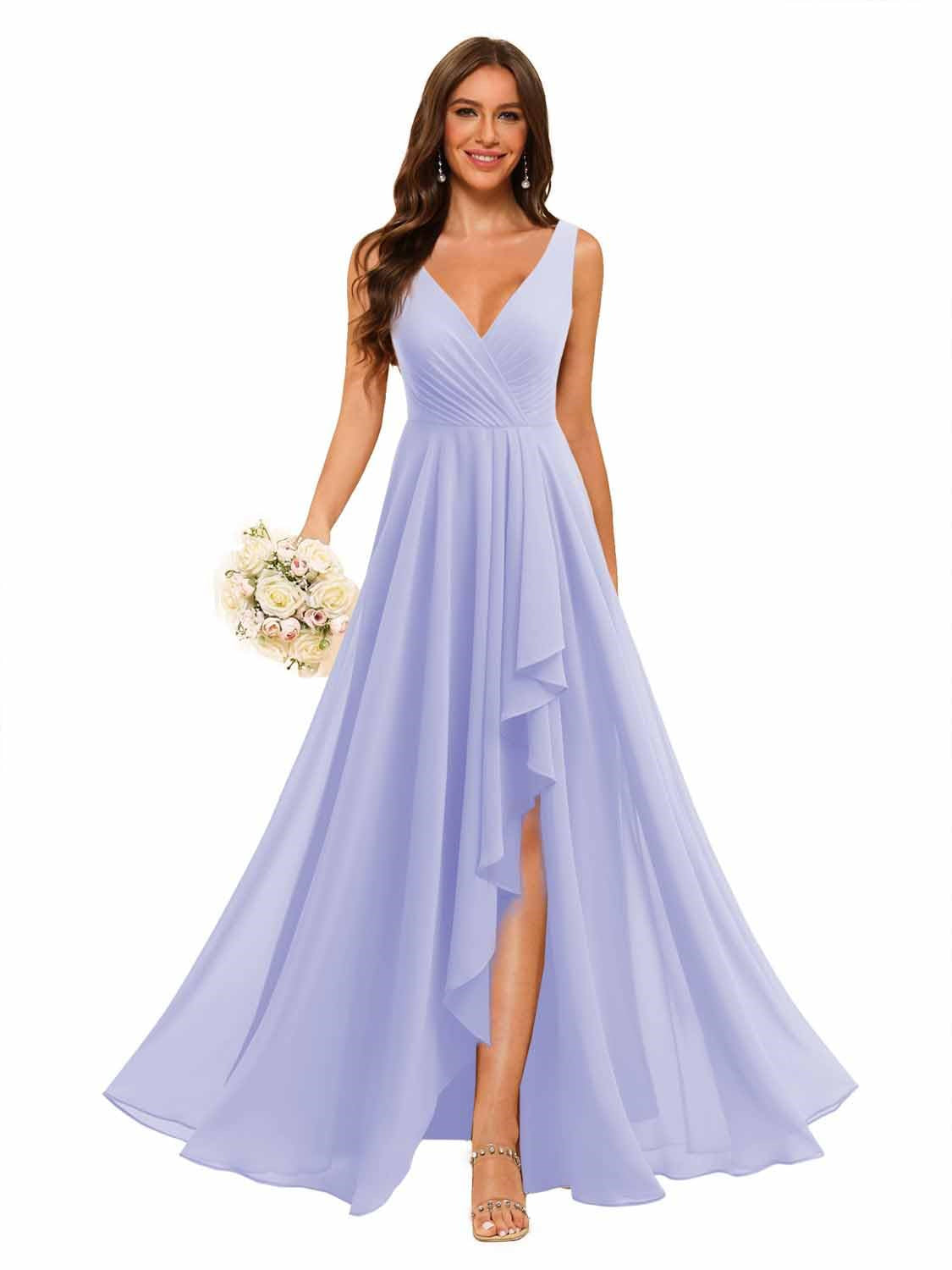 V-Neck Sleeveless Floor-Length Chiffon Bridesmaid Dress with Slit Pockets in A-Line/Princess Style