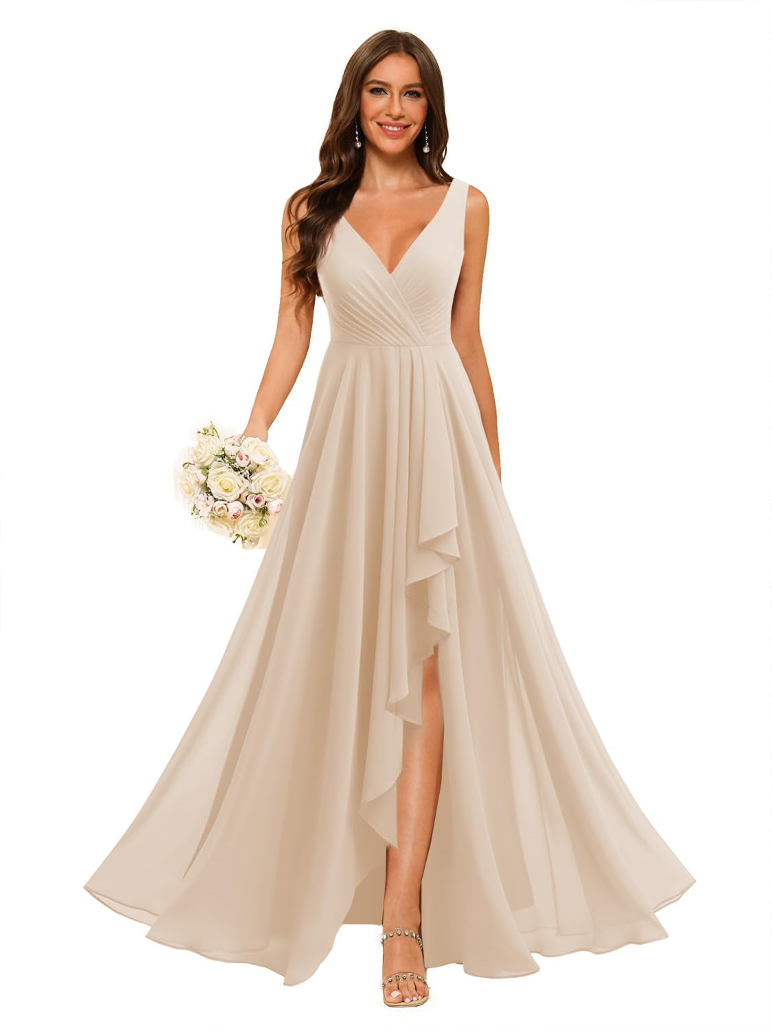 V-Neck Sleeveless Floor-Length Chiffon Bridesmaid Dress with Slit Pockets in A-Line/Princess Style