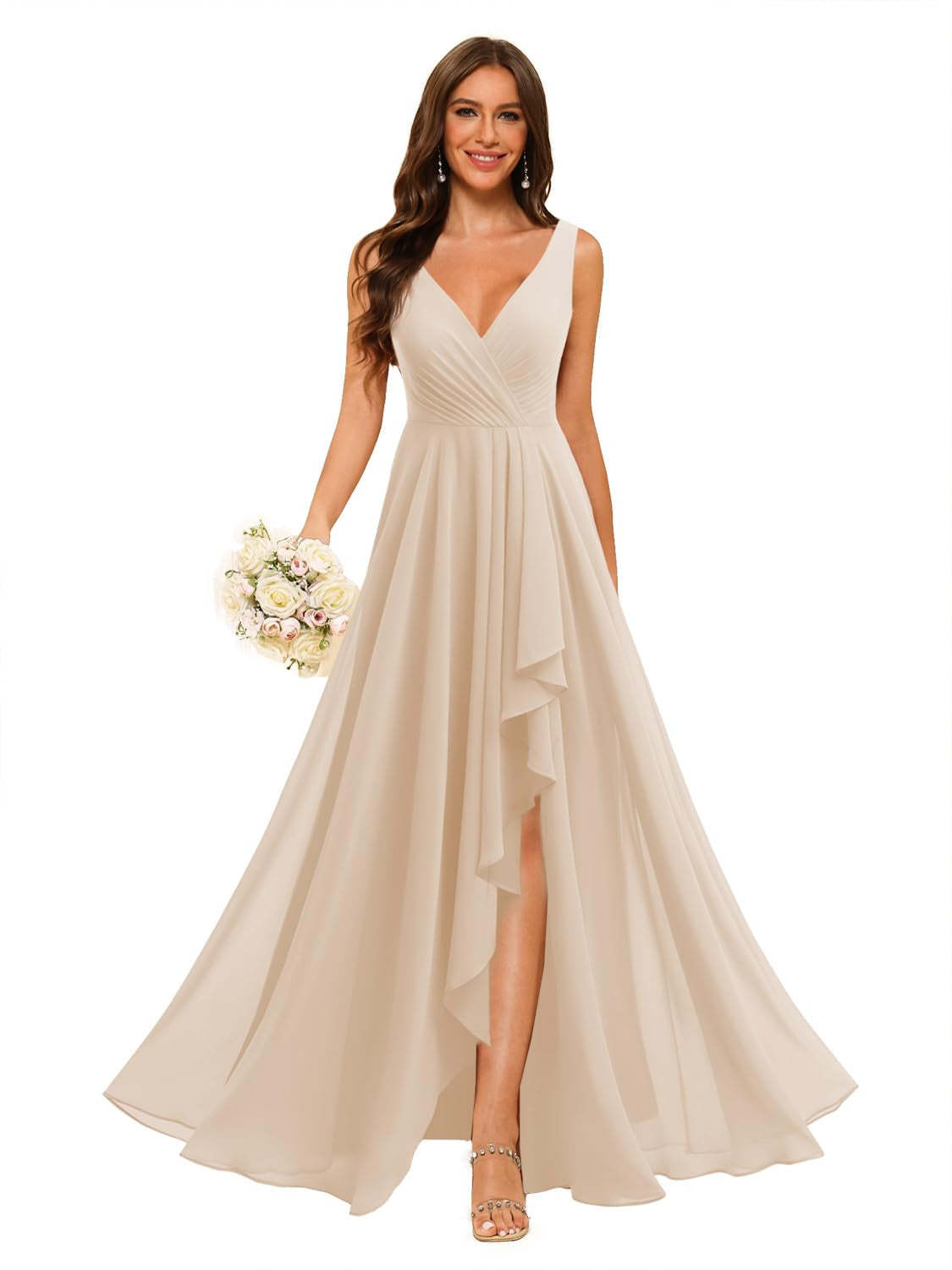 V-Neck Sleeveless Floor-Length Chiffon Bridesmaid Dress with Slit Pockets in A-Line/Princess Style