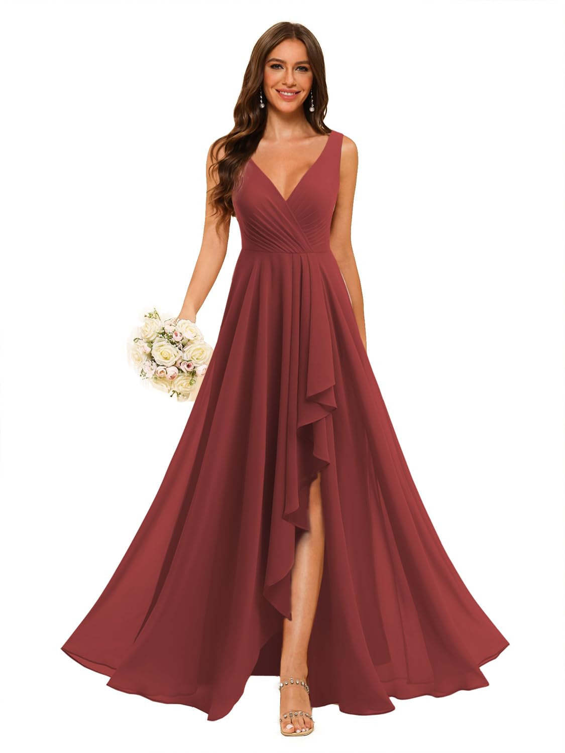 V-Neck Sleeveless Floor-Length Chiffon Bridesmaid Dress with Slit Pockets in A-Line/Princess Style