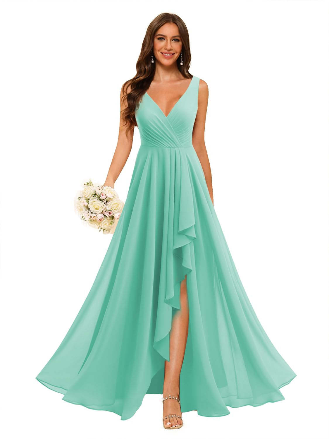 V-Neck Sleeveless Floor-Length Chiffon Bridesmaid Dress with Slit Pockets in A-Line/Princess Style
