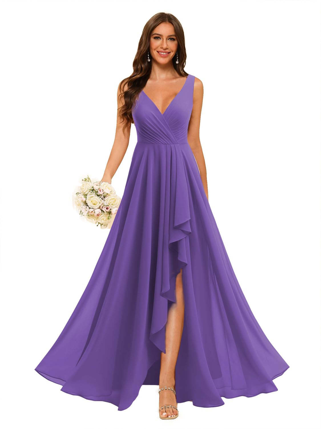 V-Neck Sleeveless Floor-Length Chiffon Bridesmaid Dress with Slit Pockets in A-Line/Princess Style