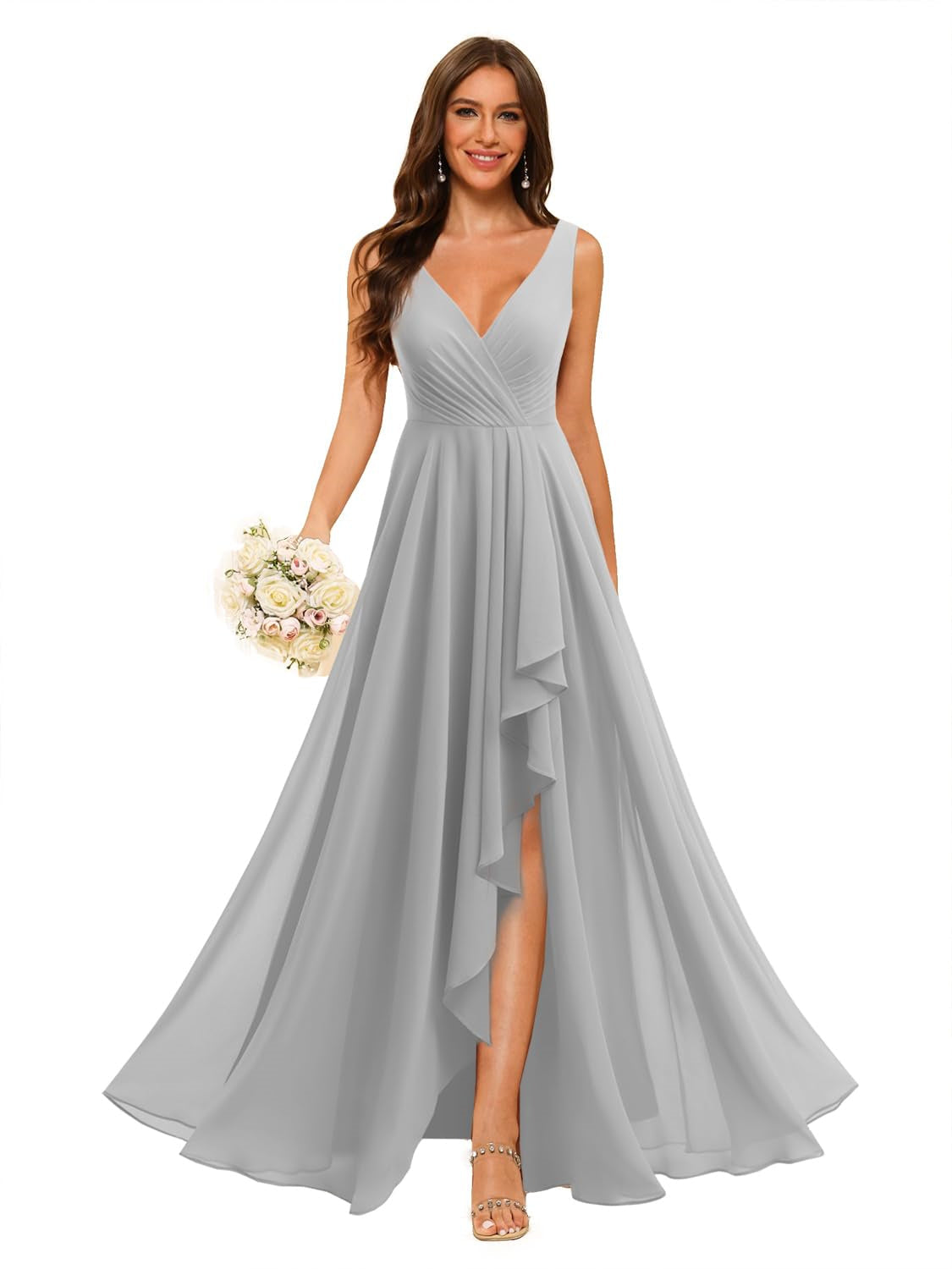 V-Neck Sleeveless Floor-Length Chiffon Bridesmaid Dress with Slit Pockets in A-Line/Princess Style