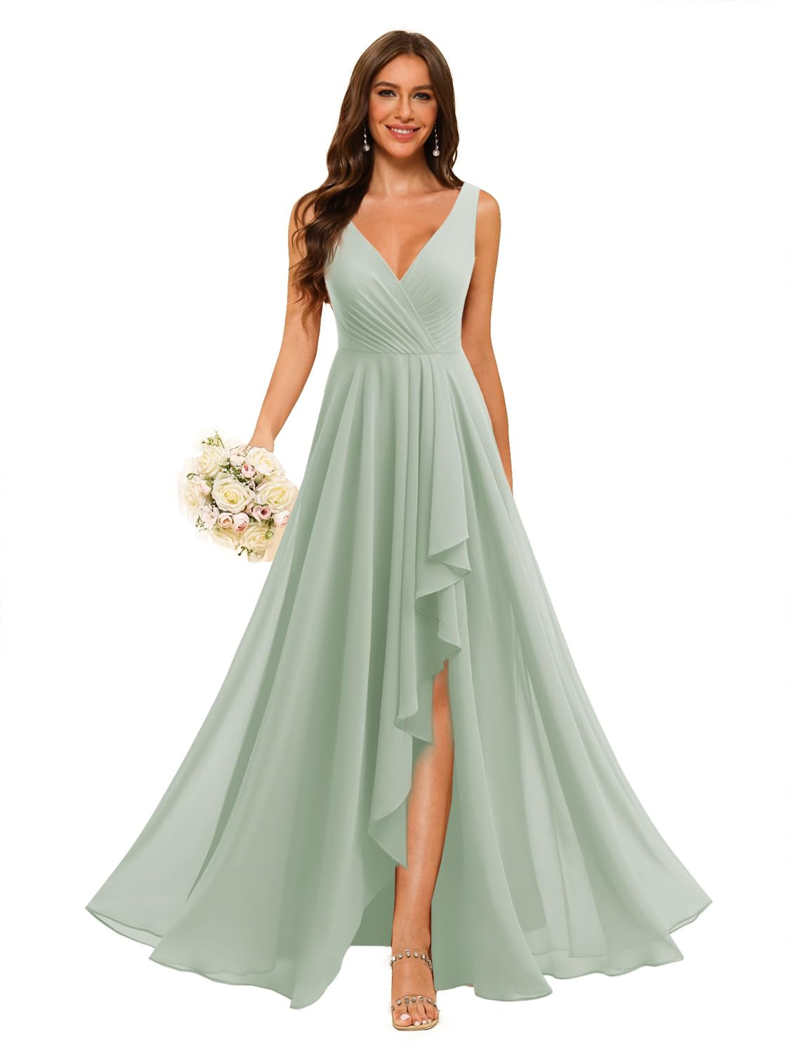 V-Neck Sleeveless Floor-Length Chiffon Bridesmaid Dress with Slit Pockets in A-Line/Princess Style