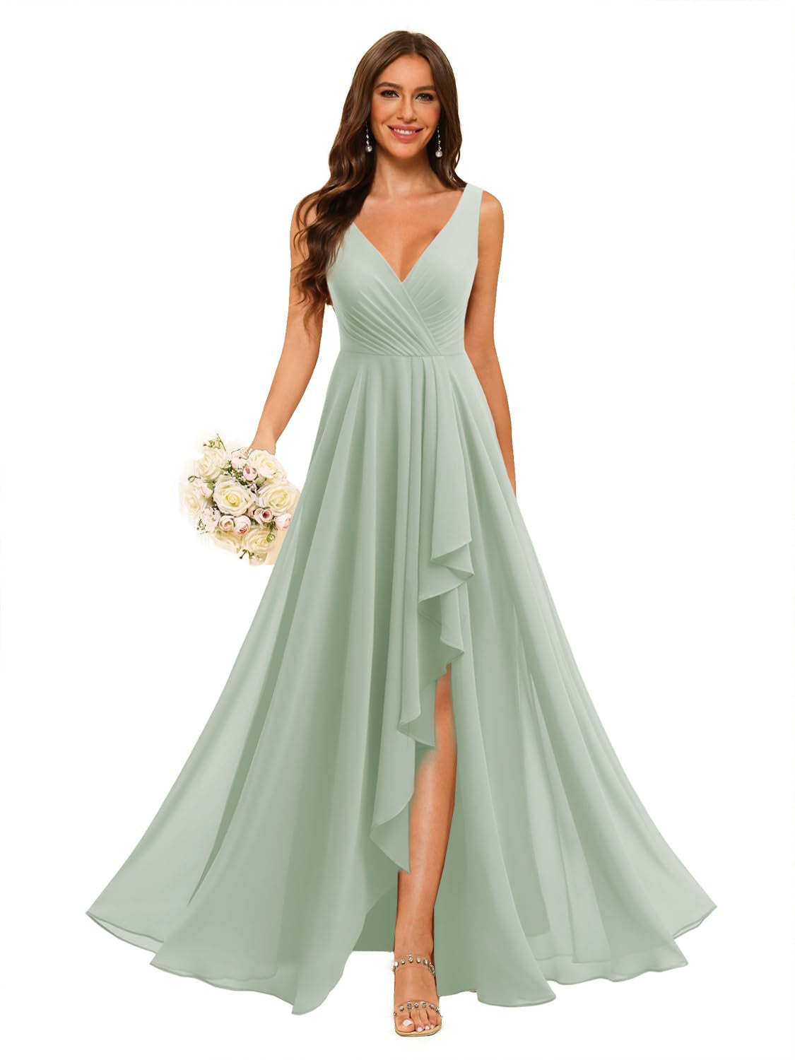 V-Neck Sleeveless Floor-Length Chiffon Bridesmaid Dress with Slit Pockets in A-Line/Princess Style