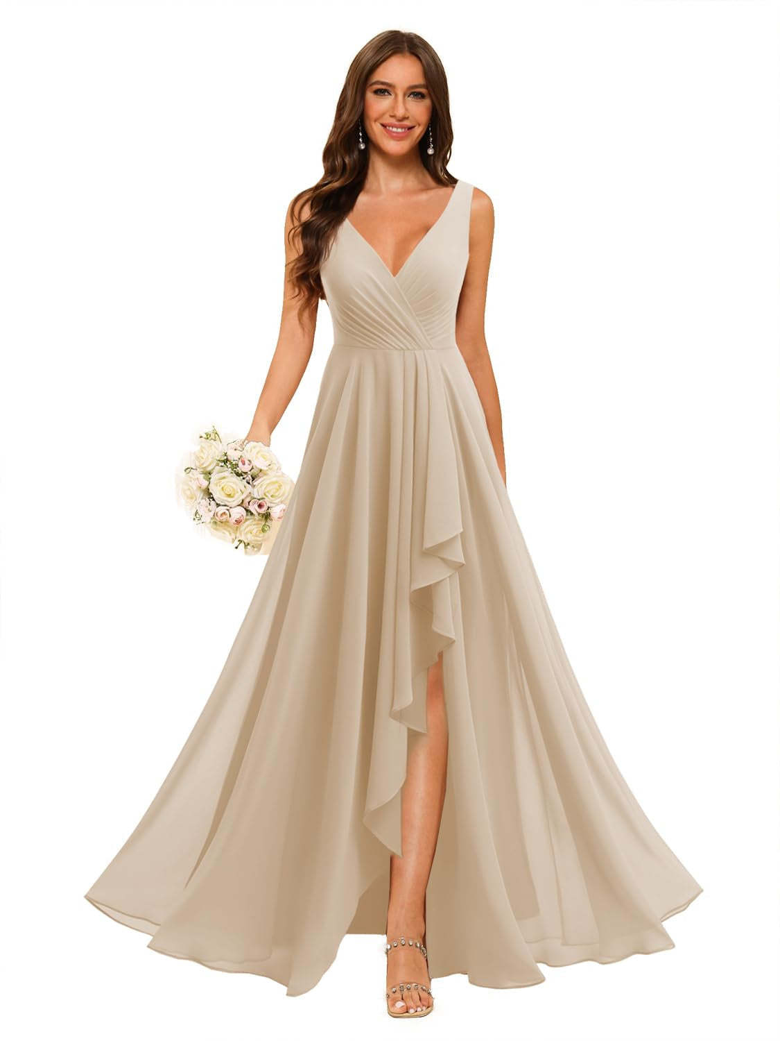 V-Neck Sleeveless Floor-Length Chiffon Bridesmaid Dress with Slit Pockets in A-Line/Princess Style