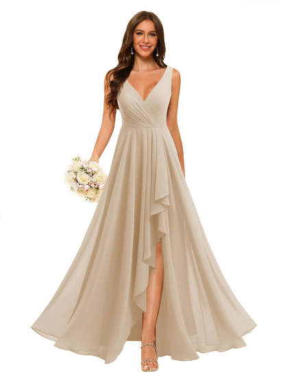V-Neck Sleeveless Floor-Length Chiffon Bridesmaid Dress with Slit Pockets in A-Line/Princess Style