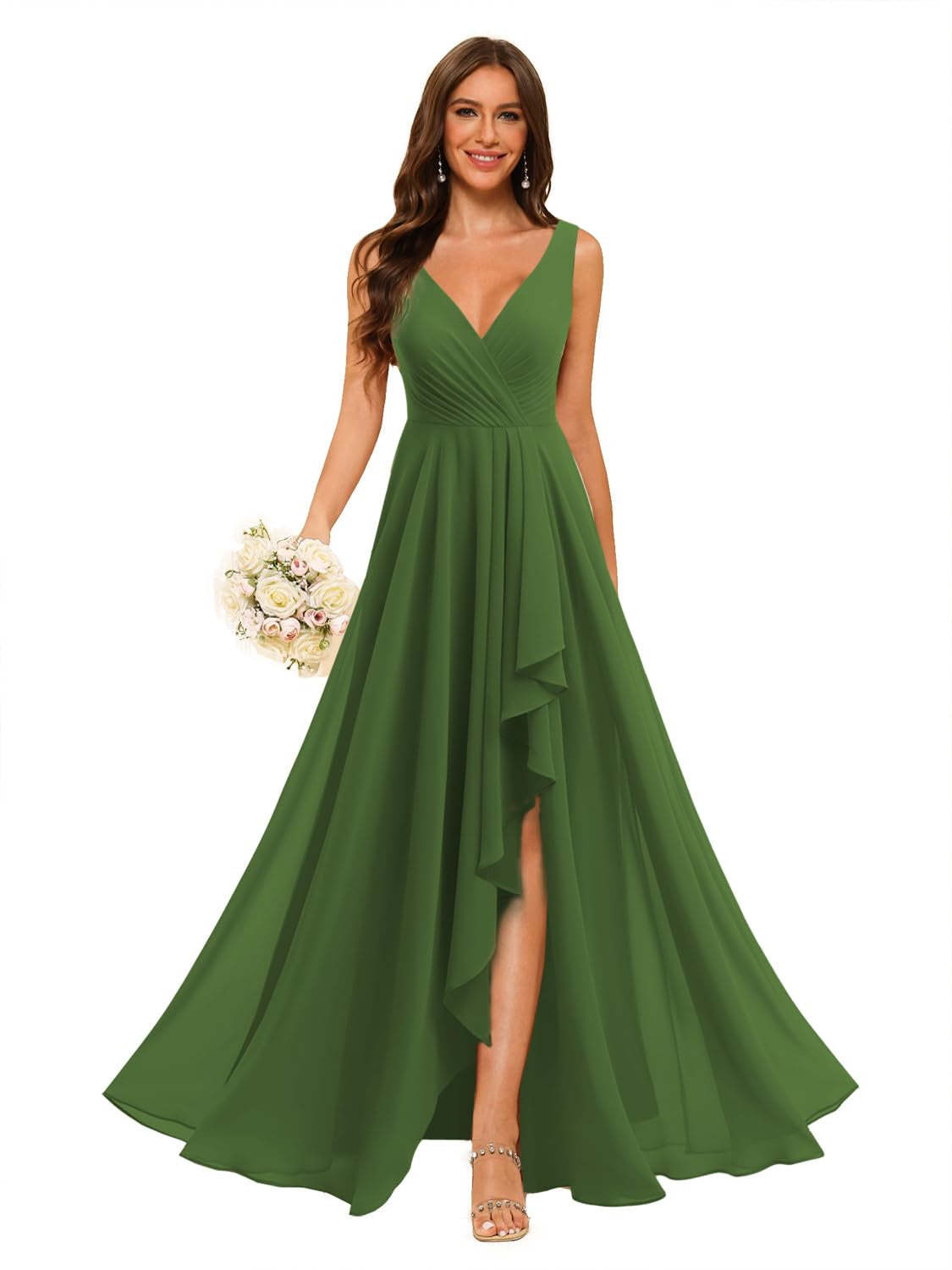 V-Neck Sleeveless Floor-Length Chiffon Bridesmaid Dress with Slit Pockets in A-Line/Princess Style