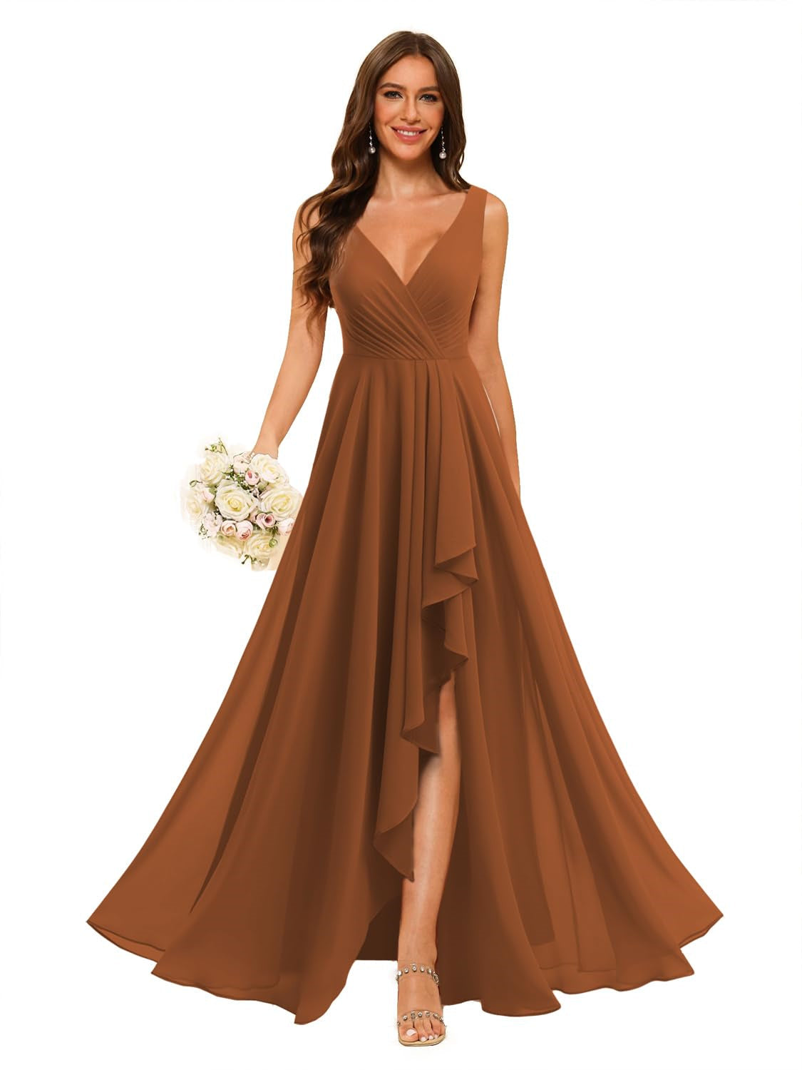 V-Neck Sleeveless Floor-Length Chiffon Bridesmaid Dress with Slit Pockets in A-Line/Princess Style