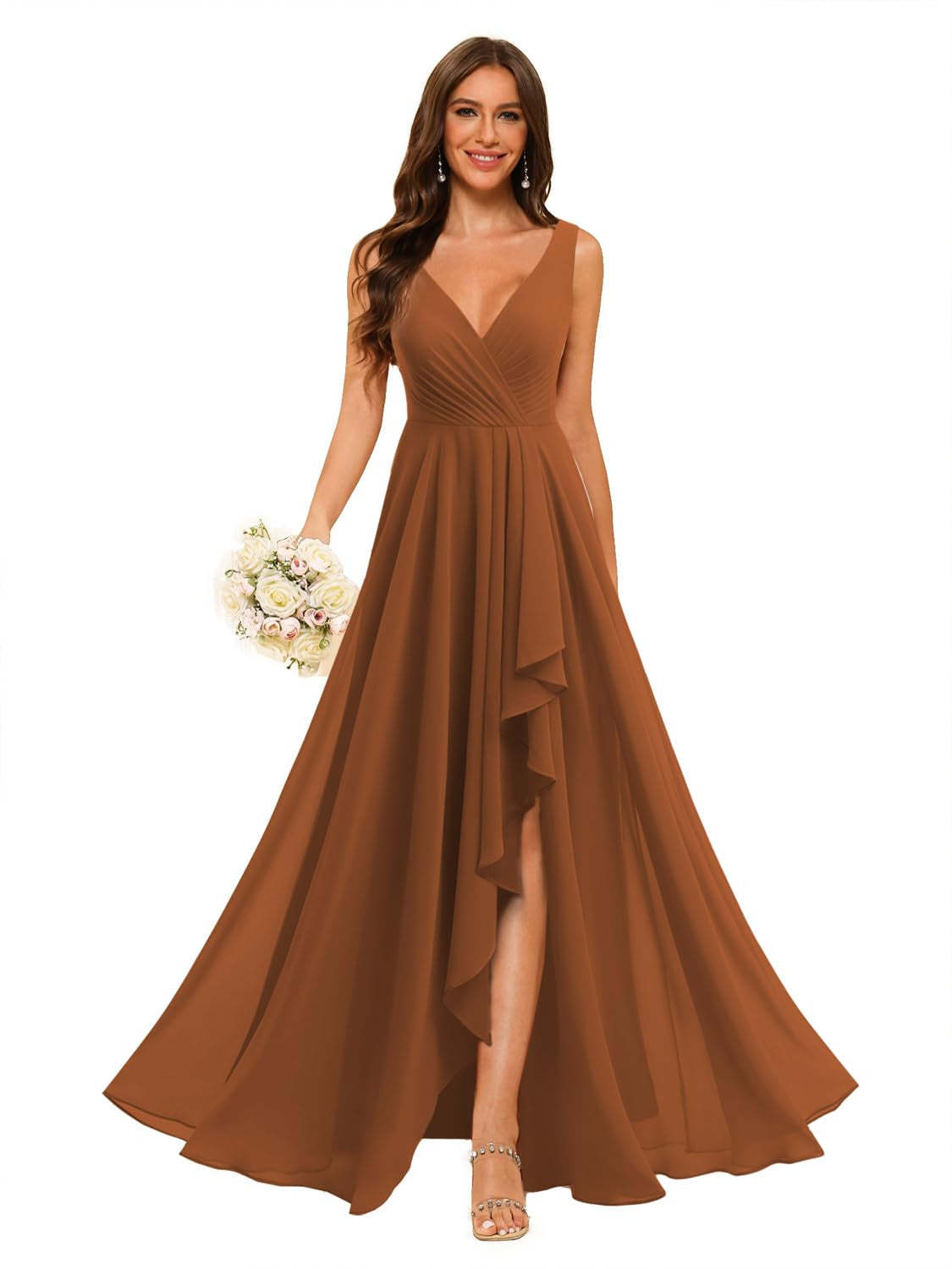 V-Neck Sleeveless Floor-Length Chiffon Bridesmaid Dress with Slit Pockets in A-Line/Princess Style