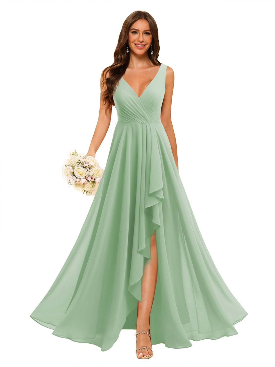 V-Neck Sleeveless Floor-Length Chiffon Bridesmaid Dress with Slit Pockets in A-Line/Princess Style
