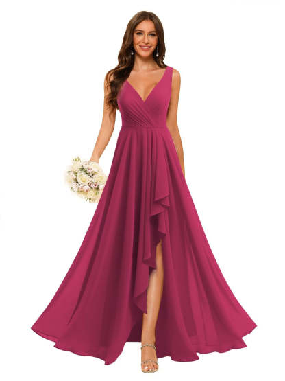 V-Neck Sleeveless Floor-Length Chiffon Bridesmaid Dress with Slit Pockets in A-Line/Princess Style