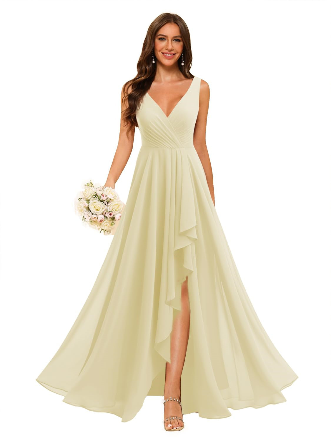 V-Neck Sleeveless Floor-Length Chiffon Bridesmaid Dress with Slit Pockets in A-Line/Princess Style