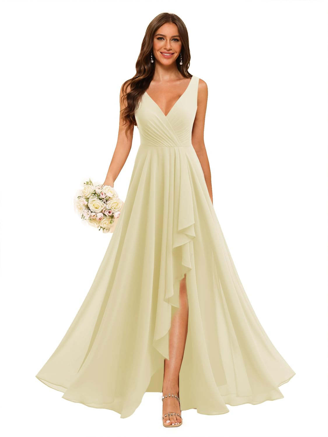 V-Neck Sleeveless Floor-Length Chiffon Bridesmaid Dress with Slit Pockets in A-Line/Princess Style