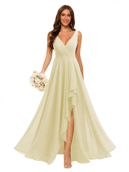 V-Neck Sleeveless Floor-Length Chiffon Bridesmaid Dress with Slit Pockets in A-Line/Princess Style