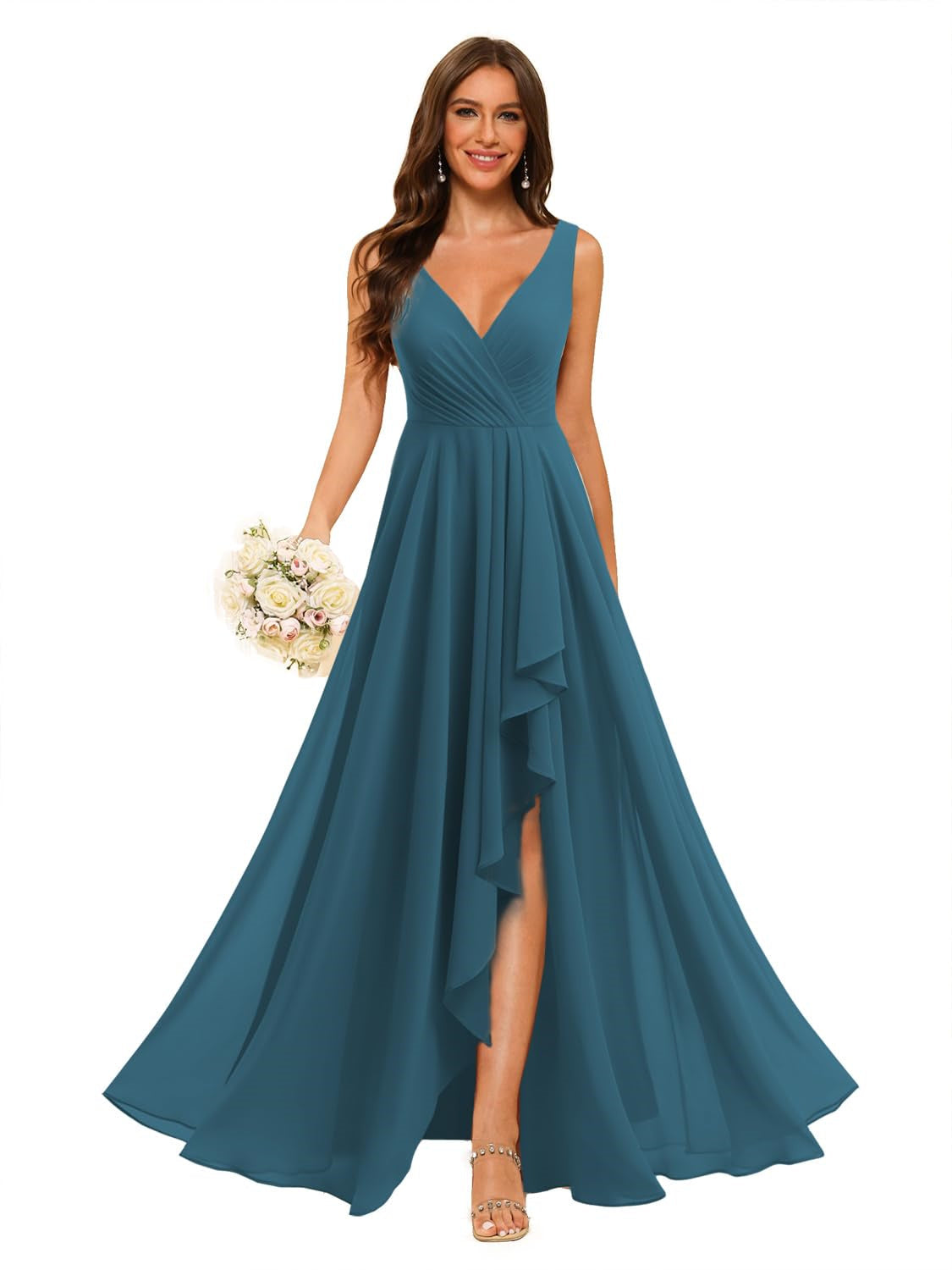 V-Neck Sleeveless Floor-Length Chiffon Bridesmaid Dress with Slit Pockets in A-Line/Princess Style