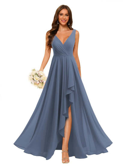 V-Neck Sleeveless Floor-Length Chiffon Bridesmaid Dress with Slit Pockets in A-Line/Princess Style