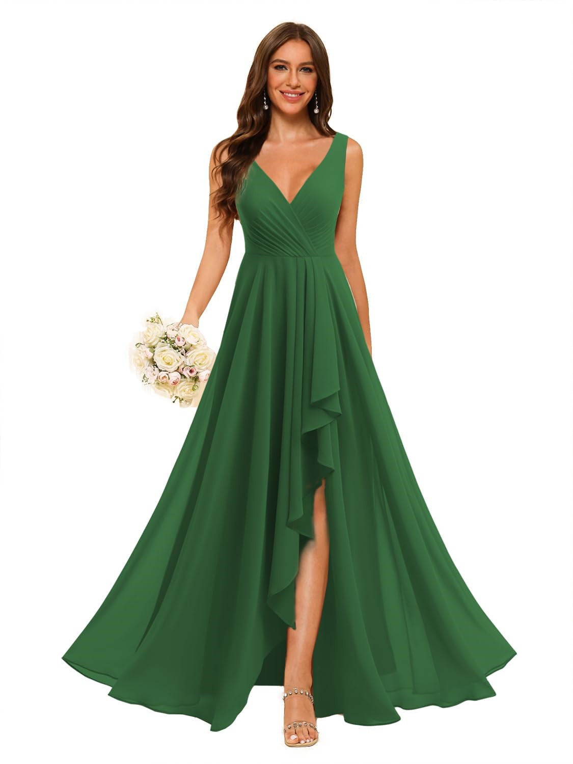 V-Neck Sleeveless Floor-Length Chiffon Bridesmaid Dress with Slit Pockets in A-Line/Princess Style