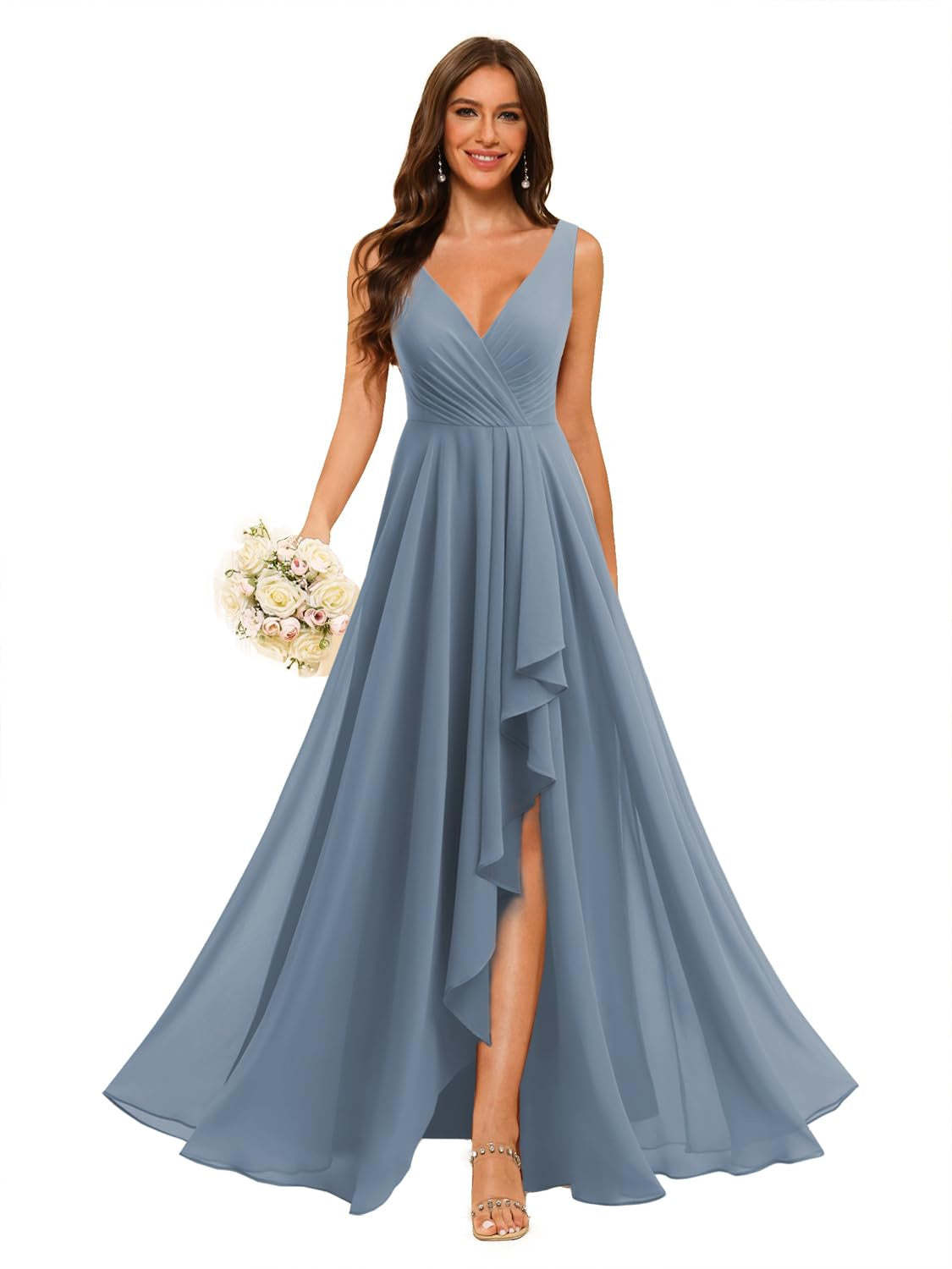 V-Neck Sleeveless Floor-Length Chiffon Bridesmaid Dress with Slit Pockets in A-Line/Princess Style