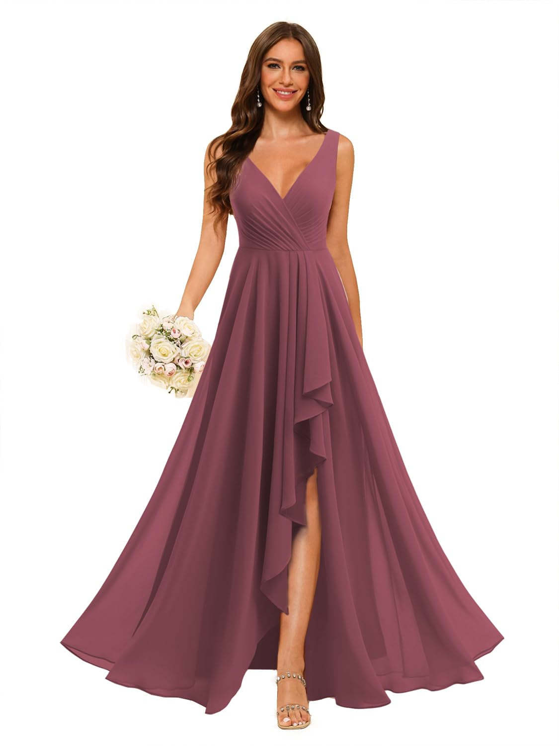 V-Neck Sleeveless Floor-Length Chiffon Bridesmaid Dress with Slit Pockets in A-Line/Princess Style