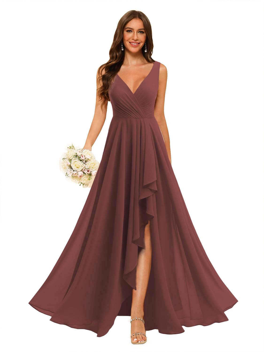 V-Neck Sleeveless Floor-Length Chiffon Bridesmaid Dress with Slit Pockets in A-Line/Princess Style