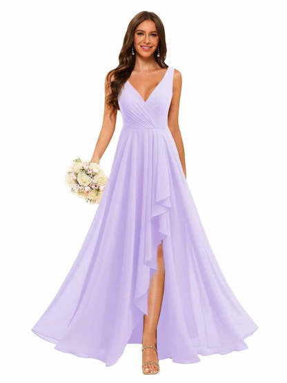 V-Neck Sleeveless Floor-Length Chiffon Bridesmaid Dress with Slit Pockets in A-Line/Princess Style