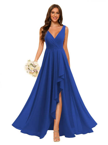 V-Neck Sleeveless Floor-Length Chiffon Bridesmaid Dress with Slit Pockets in A-Line/Princess Style