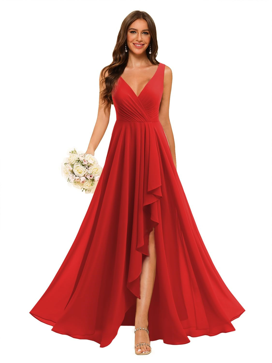 V-Neck Sleeveless Floor-Length Chiffon Bridesmaid Dress with Slit Pockets in A-Line/Princess Style