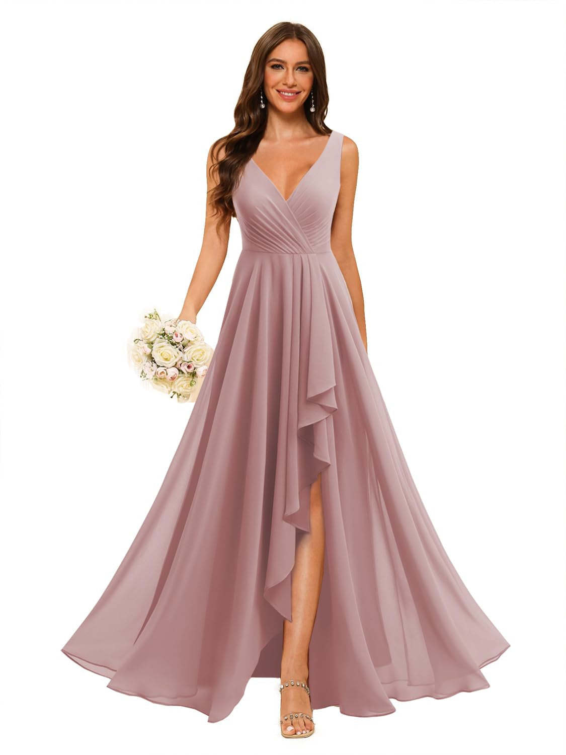 V-Neck Sleeveless Floor-Length Chiffon Bridesmaid Dress with Slit Pockets in A-Line/Princess Style
