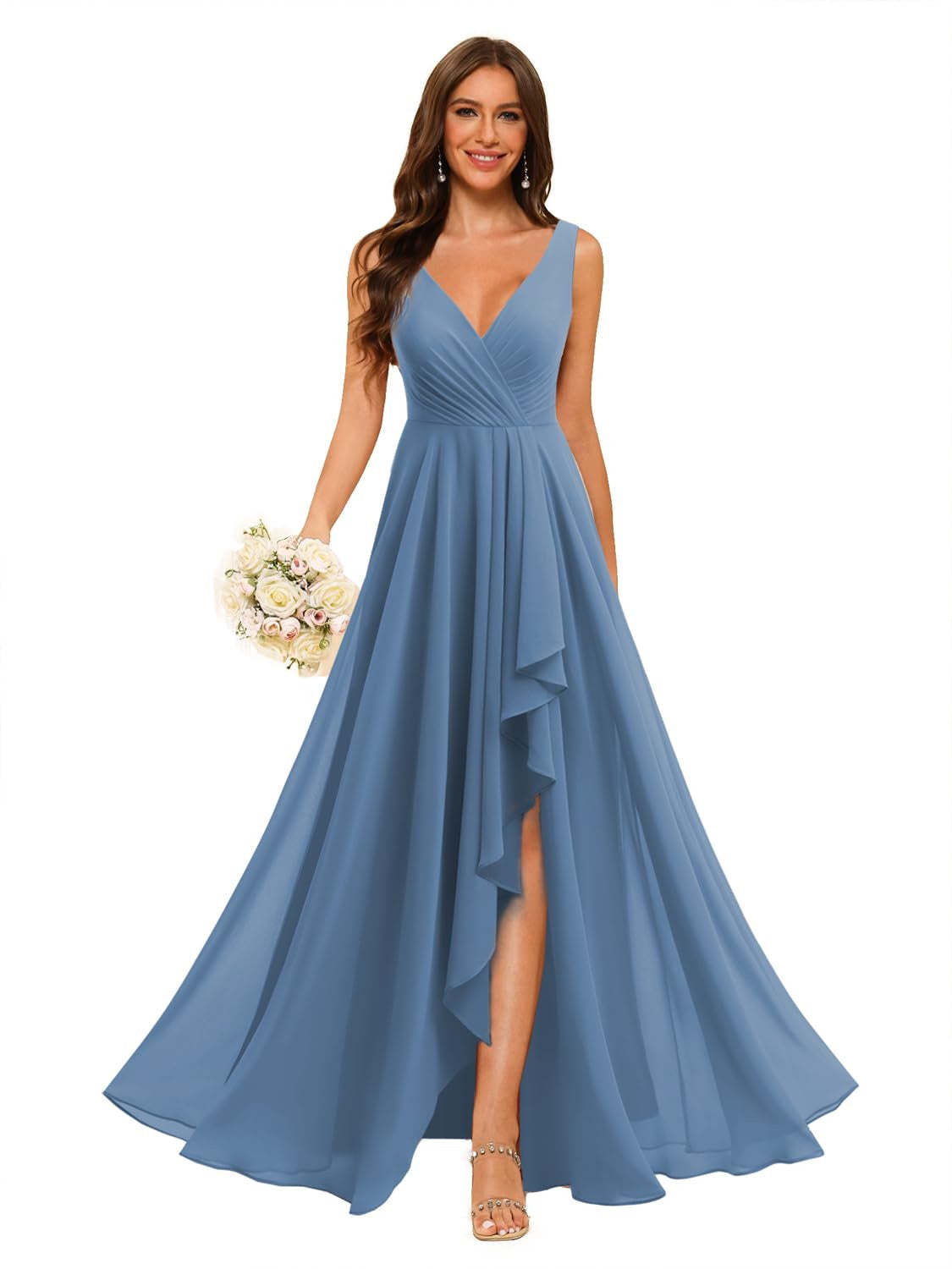 V-Neck Sleeveless Floor-Length Chiffon Bridesmaid Dress with Slit Pockets in A-Line/Princess Style