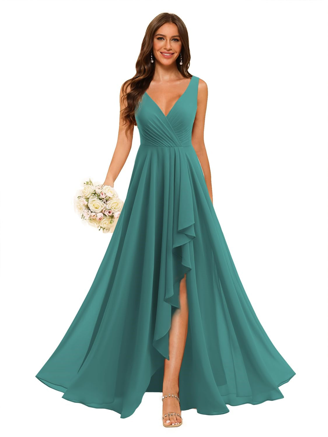 V-Neck Sleeveless Floor-Length Chiffon Bridesmaid Dress with Slit Pockets in A-Line/Princess Style